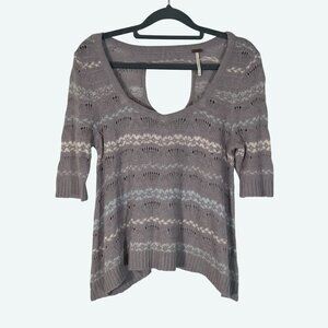 Free People Keyhole Back Knit Open Weave Short Sleeve Sweater Shirt Gray Small‎